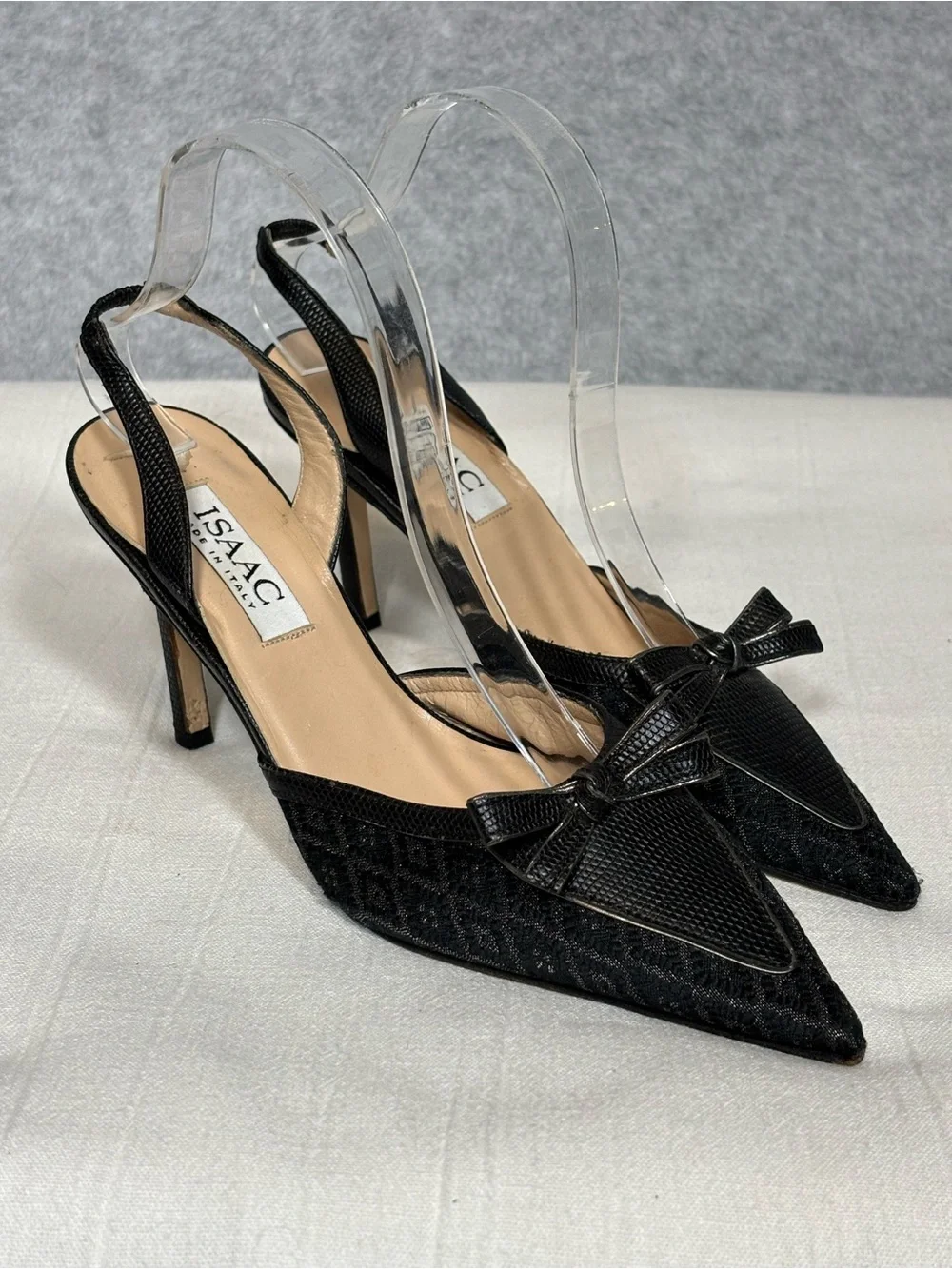 Vintage Isaac Mizrahi Patterned Fabric Slingback Pumps Heels-Black-Women Size 7